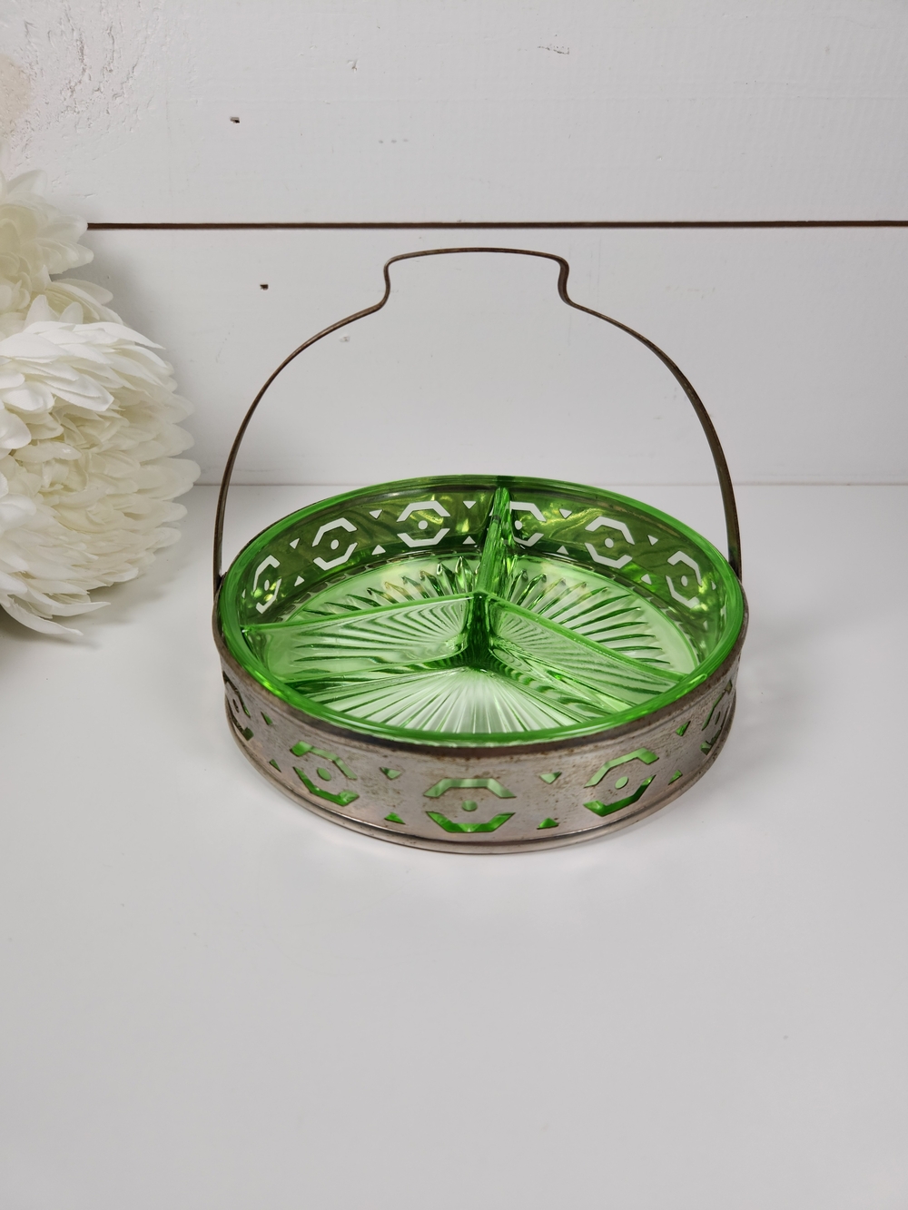 Vintage Green Glowing Uranium Glass Divided Relish Dish | Depression Glass